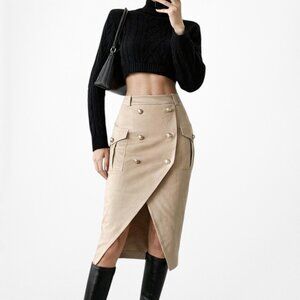 Vintage Y2K Brown Beige Double Breasted Front Knee Length Bodycon Skirt Size XS